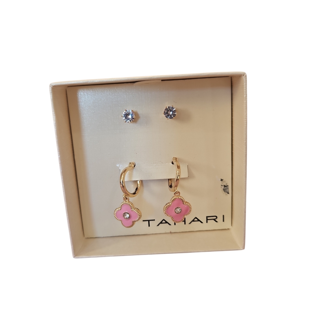 Tahari Woman Pink and Gold Flower Clover 2 Earrings Set One Stud One Drop